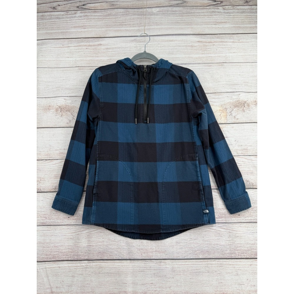 The North Face Hoodie Women XS Blue Buffalo Plaid Flannel Quarter Zip Pullover
